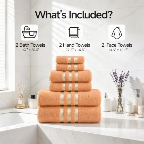 6-PCS Coral Fleece Microfiber Towel Set with Gold Stripes, Super Absorbent, Multiple Colors Available for Home, Bathroom, Hotel & Gym (6, Orange)