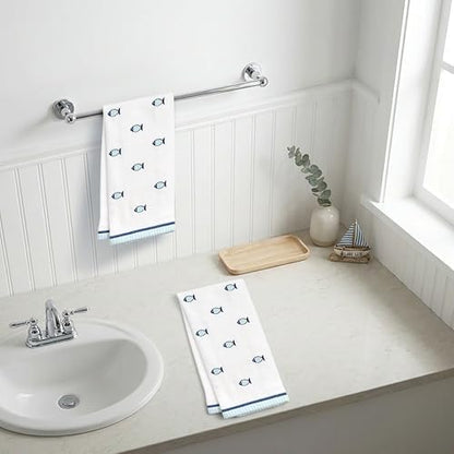 Ritz 2-Piece Cotton Velour Bathroom Hand Towel Set, Embroidered Allover Fish Design, White & Blue Nautical Decorative Towels for Lake House, Beach, Coastal Decor, 16” x 26”