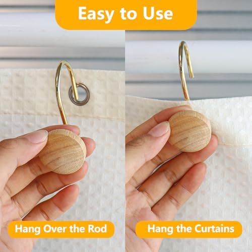 Shower Curtain Hooks, Wood Decorative Shower Curtain Rings, Modern Round Log Shower Curtain Hangers, 12PCS Shower Hooks for Shower Curtain Rod, Bedroom, Living Room (Gold 2)