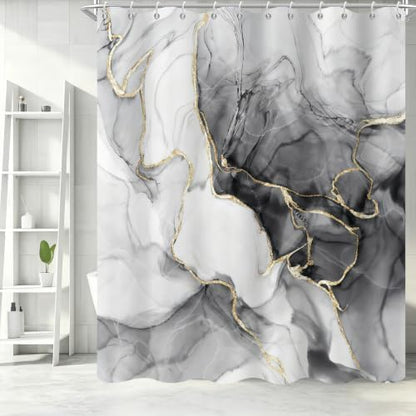 Black Marble Shower Curtain Modern Abstract Luxury Gold Ink Texture Gray Ombre Watercolor Bathroom Curtain Set with Hooks Soft and Lightweight Waterproof Fabric Machine Washable 36" Wx72 L