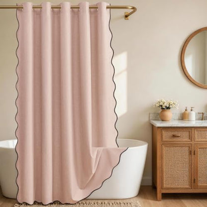 Furlinic No Hook Shower Curtain Scalloped Pink Linen Boho 72x75 Waterproof