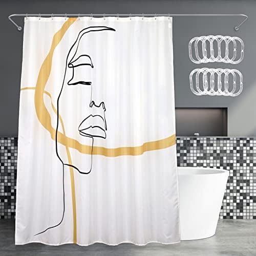 Abstract Face Shower Curtain Set with Hooks: 72’’x72’’ Black & Gold Minimalist Line Art Waterproof Washable Weighted Bath Curtain, Modern Bathroom Decor