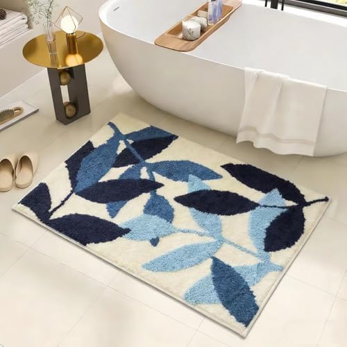 Blue Leaves Bath Mats Bathroom Rugs Non-Slip Soft Microfiber Absorbent Machine Washable Entrance Doormat Boho Carpet for Bathroom Floor Tub Shower 17.5 X 25.5 Inches