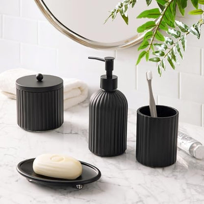 4PCs Heavy Weight Decent Glass Bathroom Accessories Set with Decorative Pressed Pattern - Includes Hand Soap Dispenser & Tumbler & Soap Dish & Toothbrush Holder (Black)