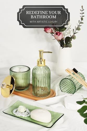 Designer Green Glass Bathroom Accessories Sets - 4 Pcs with Lotion Soap Dispenser, Bathroom Toothbrush Holder, Vanity Tray, and Apothecary Jar, Vintage Bathroom Decor