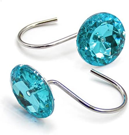 Crystal Diamond Round Shower Curtain Hooks Rings for Bathroom,Aqua,12PCS
