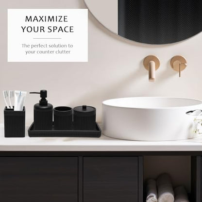 XLHOMO Matte Black Bathroom Sets with Shower Curtain and Rugs, 8-Piece Resin Bathroom Accessories Sets Complete, Soap Dispenser, Toothbrush Holder, Tumbler, Tray & Apothecary Jars Bathroom Essentials