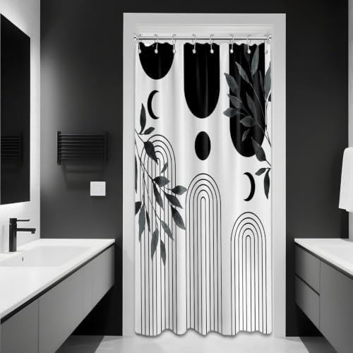 Mid Century Modern White and Black Shower Curtain Bohemian MCM Black and White Shower Curtains for Mens Bathroom Decor, Boho Minimalist Pattern, Waterproof Cloth Fabric with Hooks 48x72 in