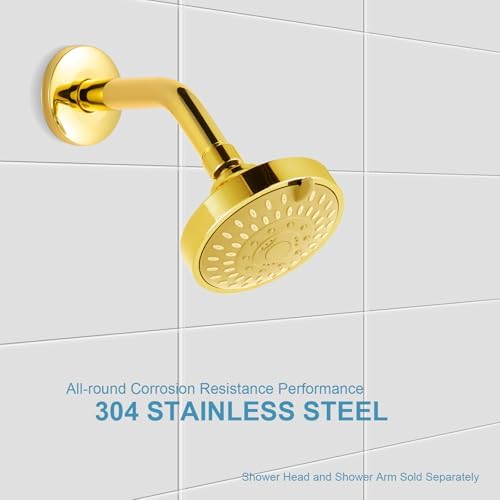 OFFO Shower Arm with Flange, 6 in Bright Gold Wall Mount Replacement Angle Shower Head Arm Wall-Mounted For Fixed Shower Head & Handheld Showerhead