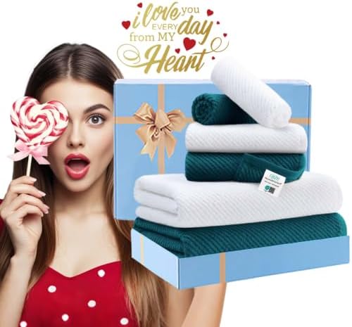 VOOVA & MOVAS 6PC Towel Set, 100% Cotton, Deep Turquoise White