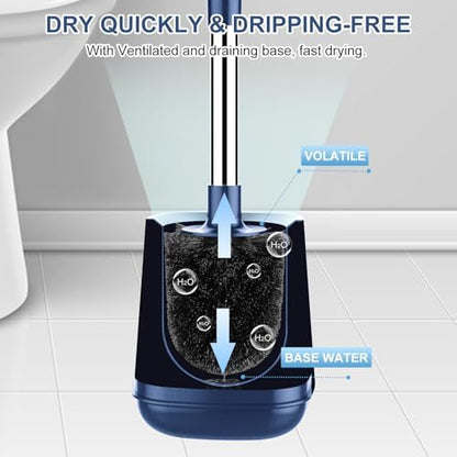 SetSail Toilet Brush and Holder, Self Closing Lid Toilet Bowl Brushes Holder and Extra Long Handle Ventilated Toilet Brush Set for Bathroom Cleaning, Nylon Bristles, Dark & Blue