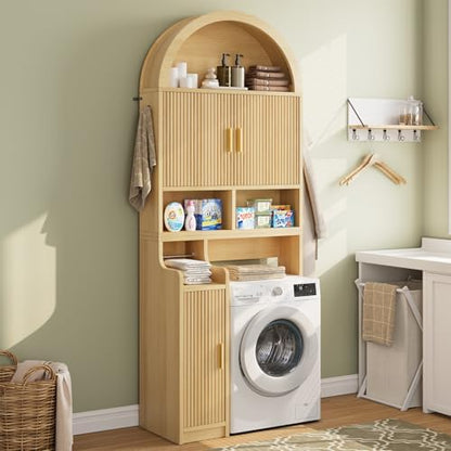 Itaar Arched Over The Toilet Storage Cabinet, 78.7" H Fluted Bathroom Organizer with Reversible Side Cabinet, Adjustable Shelves, Anti-Tipping, Hooks & Paper Holder for Bathroom Laundry Room, Oak