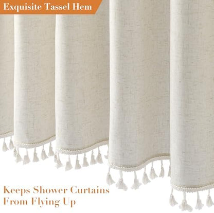 Nanspring Extra Long Cream Boho Linen Shower Curtain 84 Inches Vintage Country Cute Tassel Shower Curtains Set with Hooks for Bathroom Modern Farmhouse Cloth Shower Curtain Waterproof 72x84, Natural