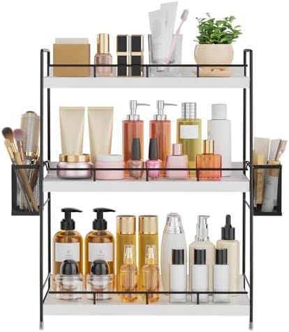 Wood Bathroom Counter Organizer with Metal Frame for Vanity Storage ,White