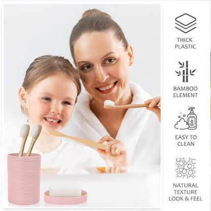 CERBIOR Bamboo Bathroom Accessories Set 6 Piece Spiral Bath Ensemble（Pink）