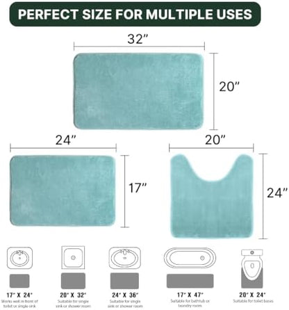 H.VERSAILTEX Bath Mat Memory Foam Set Bathroom Rug Set Flannel Velvety Extra Soft and Absorbent Non Slip Rugs for Bathroom/Bedroom Washable(20"x 32" + 17"x 24" + 20"x 24"U-Shaped, Eggshell Blue)