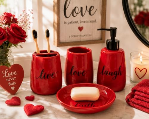 Red Ceramic Bathroom Accessories Set, 4 Piece Farmhouse Bathroom Decor, Soap Dispenser, Toothbrush Holder, Tumbler & Soap Dish, Live Love Laugh Faith Bathroom Countertop Set