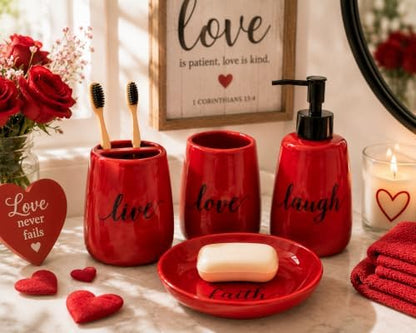 Red Ceramic Bathroom Accessories Set, 4 Piece Farmhouse Bathroom Decor, Soap Dispenser, Toothbrush Holder, Tumbler & Soap Dish, Live Love Laugh Faith Bathroom Countertop Set