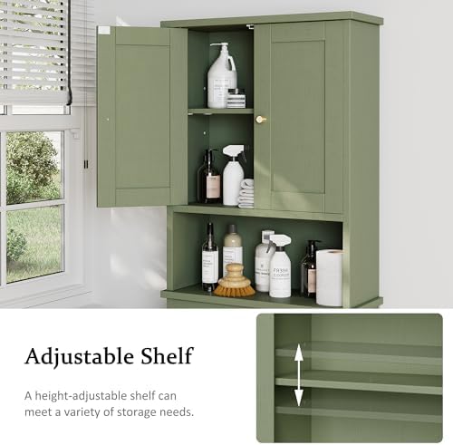 Over the Toilet Storage Cabinet for Bathroom, Storage Organizer Over Toilet, Space Saver with Tempered Glass Doors, Green