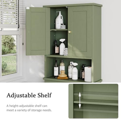 Over the Toilet Storage Cabinet for Bathroom, Storage Organizer Over Toilet, Space Saver with Tempered Glass Doors, Green