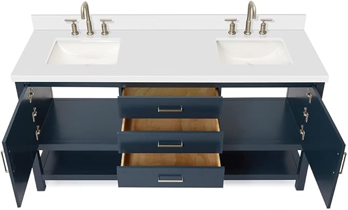ARIEL Bayhill 72-inch Bathroom Vanity with Sink,Solid Wood, 1.5-inch Pure White Quartz Countertop, Double Rectangular Porcelain Sink, 2 Soft Closing Doors, 3 Dovetail Drawers, Midnight Blue