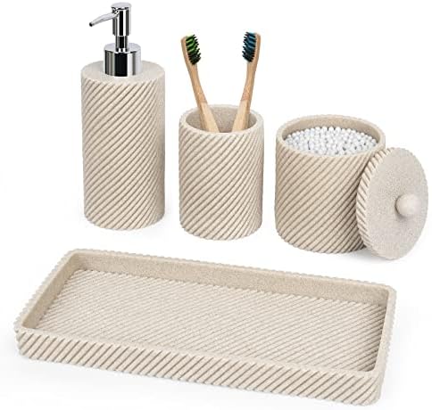 Beige Bathroom Accessories Set 4 Pcs - Toothbrush Holder,Lotion Soap Dispenser,Qtip Holder Dispenser,Vanity Tray for Countertop Vanity Organizer,Bathroom Accessory Set