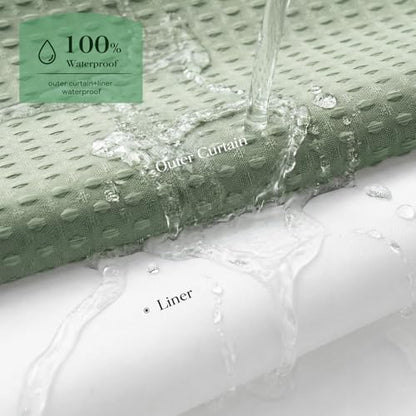 Dynamene Sage Green Hook Free Waffle Shower Curtain & Snap-in Liner,60x75