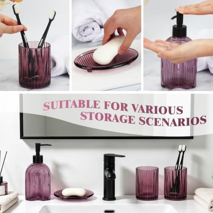 Bathroom Accessories Set, 4Pcs Glass Bathroom Accessories Set Complete, 11.6OZ Lotion Soap Dispenser, Toothbrush Holder, Mouthwash Cup, Soap Dish for Bathroom Decor, Countertop Organizer (Purple)