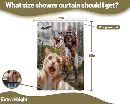 Extra Tall Shower Curtain XL Fun Cat Riding Dinosaur, 70 x 96 Inchs