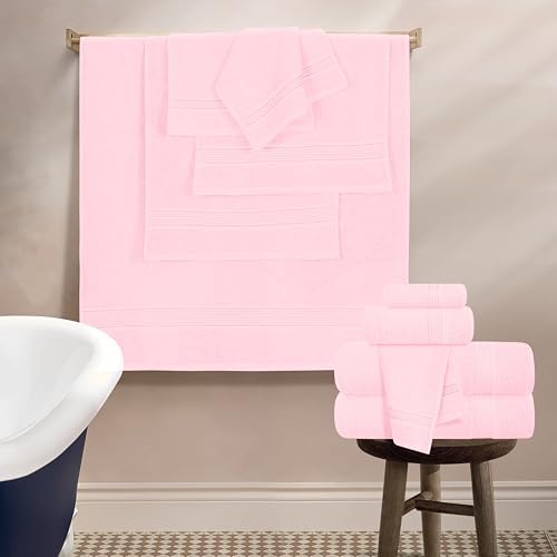 Belizzi Home 100% Cotton Towel Set, Contains 6 Soft Bath Towel, 6 Hand Towels, 12 Wash Cloths - Compact Absorbent Lightweight & Quickdry Towels for Bathroom - 24 Piece Bathroom Towel Set - Pink