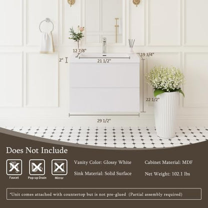 KEIKI 30'' Wall-Mounted Bathroom Vanity with Sink - Floating Design, 2 Soft-Close Drawers & Resin Basin, Space-Saving for Small Bathrooms, Glossy White