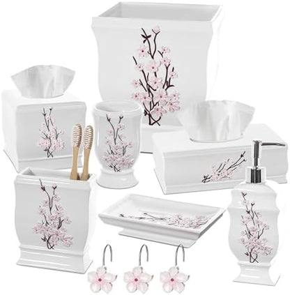 Vanda Cherry Blossom White Square Resin Tissue Box Cover with Bottom Slider