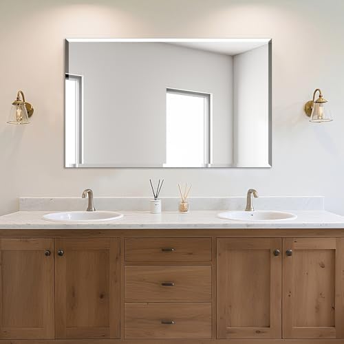 Frameless Wall Mirror Beveled Edge 48” x 30“ Bathroom Mirror for Over Sink