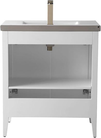 Vanity Art 30 inch Bathroom Vanity with Single Sink & Ceramic Top, Vanity Cabinet with Soft-Closing Door, Solid Wood Frame, Linear Pattern, White, VA9130-W-MB,Matte Black Handles
