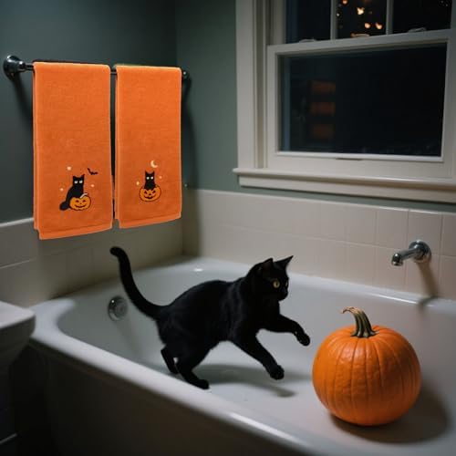 JarThenaAMCS 3Pcs Halloween Hand Towels Black Cat Pumpkin Cotton Embroidered Bathroom Towel Orange Absorbent Bath Towel for Hand Drying Cleaning Cooking Kitchen Decor, 29.5 x 13.7 Inch