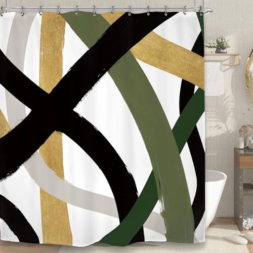 Abstract Modern Line Shower Curtain 60Wx72L Inch Black Army Green Minimalist Contemporary Art Neutral Simple Bathroom Set Accessories Decor with 12 Pack Hooks