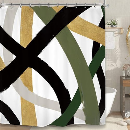 Abstract Modern Line Shower Curtain 60Wx72L Inch Black Army Green Minimalist Contemporary Art Neutral Simple Bathroom Set Accessories Decor with 12 Pack Hooks
