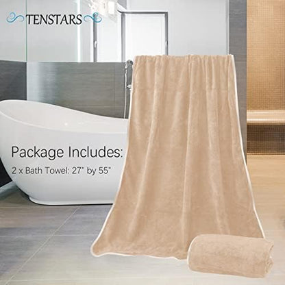TENSTARS Silk Hemming Bath Towels for Bathroom Clearance - 27 x 55 inches - Light Thin Quick Drying - Soft Microfiber Absorbent Towel for Bath Fitness, Sports, Yoga, Travel, Gym - 2 Pack, Brown