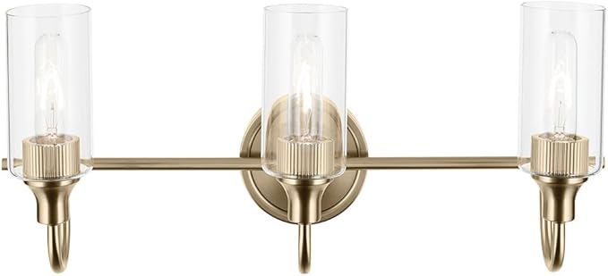 Kichler Kavi 23" 3-Light Vanity Light with Clear Glass in Champagne Bronze, Damp Rated, for Bathroom, Powder Room, Over a Mirror, (23" W x 10" H), 55211CPZ