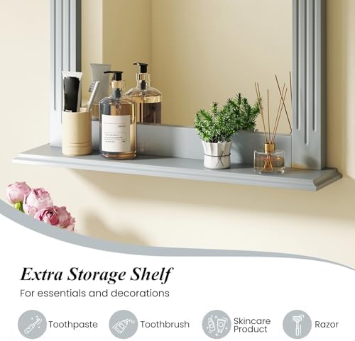 CHARMAID Bathroom Mirror with Shelf - 27" x 22.5" Wall Mirror Over Bathroom Sink, Wooden Frame Modern Rectangular Hanging Vanity Makeup Mirrors for Washroom, Entryway (Gray,27" L x 22.5" W)