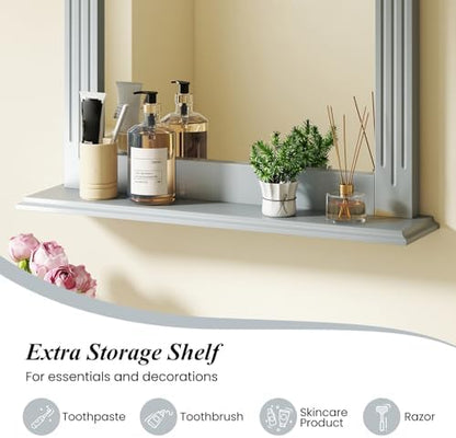 CHARMAID Bathroom Mirror with Shelf - 27" x 22.5" Wall Mirror Over Bathroom Sink, Wooden Frame Modern Rectangular Hanging Vanity Makeup Mirrors for Washroom, Entryway (Gray,27" L x 22.5" W)