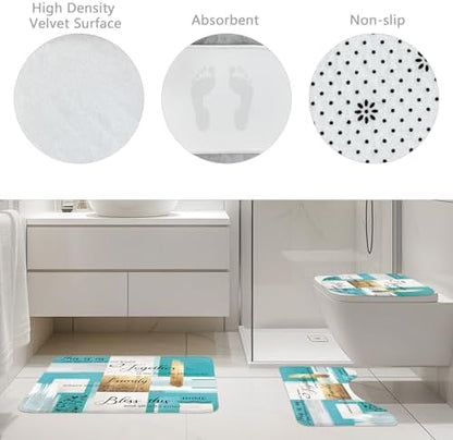 Teal Turquoise Aqua Gold Oil 4Pcs Bathroom Shower Curtain Set with Rugs