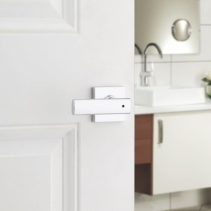 Kwikset Breton Interior Privacy Door Handle with Lock 2 Pack, Door Lever for Bathroom and Bedroom, Polished Chrome Reversible Keyless Turn Lock