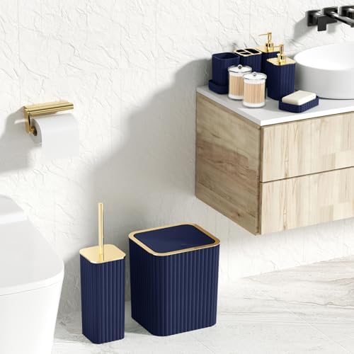 XLHOMO Bathroom Accessories Set - Gorgeous Bathroom Set, 10PC Navy Blue Bathroom Accessory Set, Toilet Brush, Trash Can, Qtip Holder & Soap Dispenser