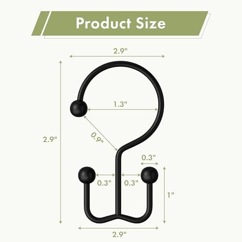 Amazer Black Shower Curtain Hooks, 12PCS Minimalist Simple Double Shower Curtain Rings, Rust-Resistant Metal Shower Hooks Shower Curtain Hangers, Shower Rings for Bathroom Shower Rods Curtains