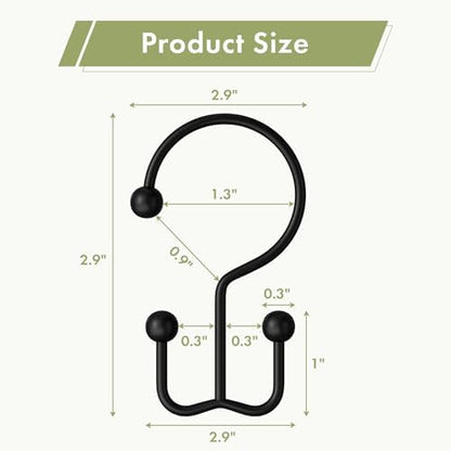 Amazer Black Shower Curtain Hooks, 12PCS Minimalist Simple Double Shower Curtain Rings, Rust-Resistant Metal Shower Hooks Shower Curtain Hangers, Shower Rings for Bathroom Shower Rods Curtains