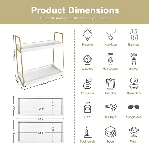 Forbena Bathroom Organizer Countertop, Counter Organizer for Bathroom Decor, Wooden Sink Shelf for Vanity Storage, Makeup Tray for Perfume Skincare Bedroom Kitchen Corner (2 Tier, White and Gold)