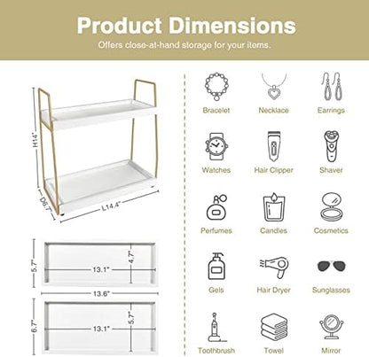 Forbena Bathroom Organizer Countertop, Counter Organizer for Bathroom Decor, Wooden Sink Shelf for Vanity Storage, Makeup Tray for Perfume Skincare Bedroom Kitchen Corner (2 Tier, White and Gold)