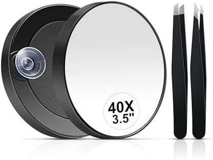 MIYADIVA 40X Magnifying Mirror, 3.5 Inch Round Compact Mirror with Suction Cup, Stainless Steel Tweezers, Perfect for Makeup, Eyebrows, Beards, Travel