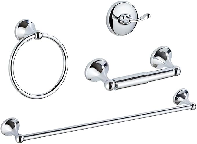 Classic Bathroom Hardware 4-piece Set,Chrome | Wall Mounted,Stainless Steel and Zinc material,Including Towel Bar,Towel Ring,Toilet Paper Holder,Robe Hook